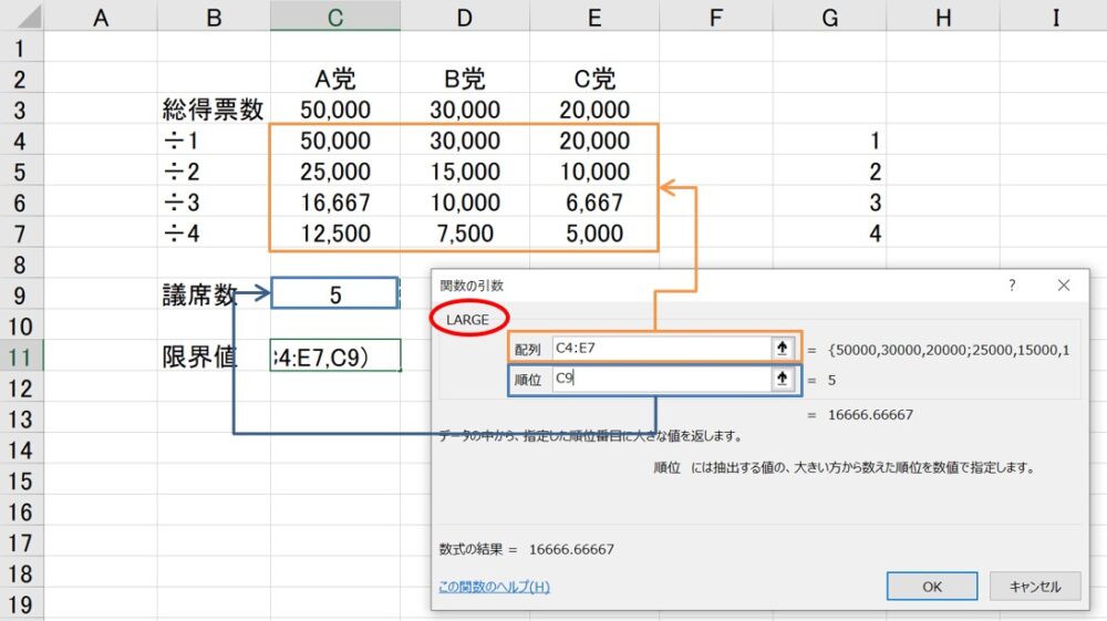 エクセルを使ったドント方式の計算